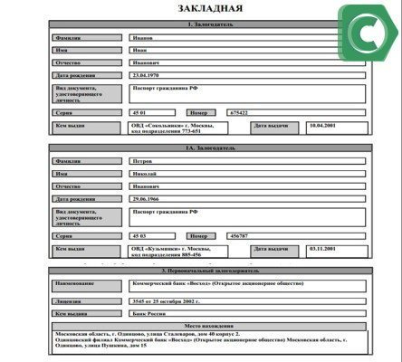 Sample document for registration of a pledge