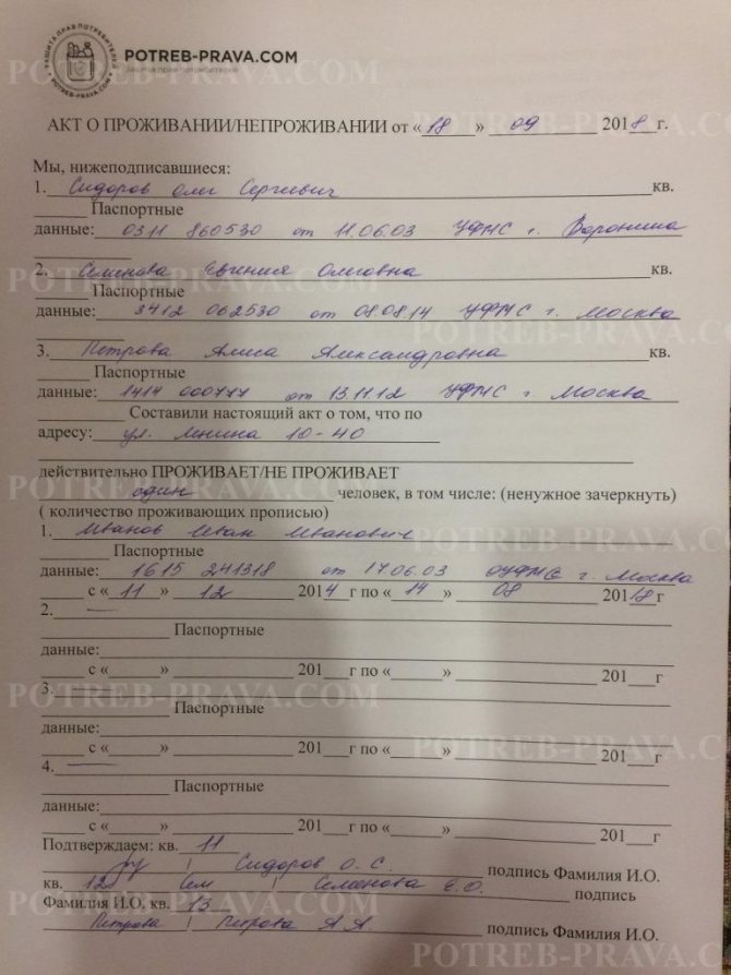 An example of filling out an act of residence or non-residence from neighbors